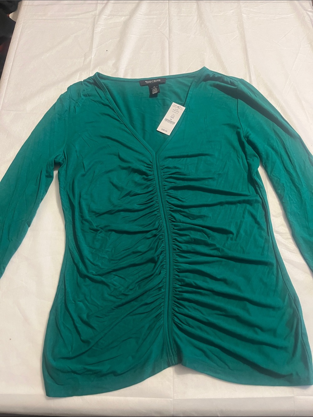White House Black Market Sophisticated Emerald Ruched V-Neck Long Sleeve Top New